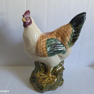Vintage Large Mid-century French Majolica Earthenware Hand-painted Hen